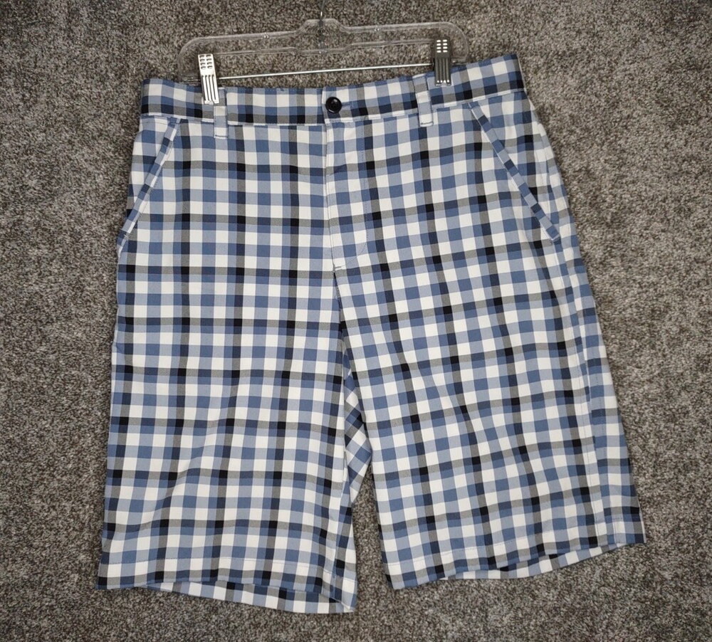Izod Golf Shorts Men 30 Blue White Checked Rubberized Waistband Flat Front Chino